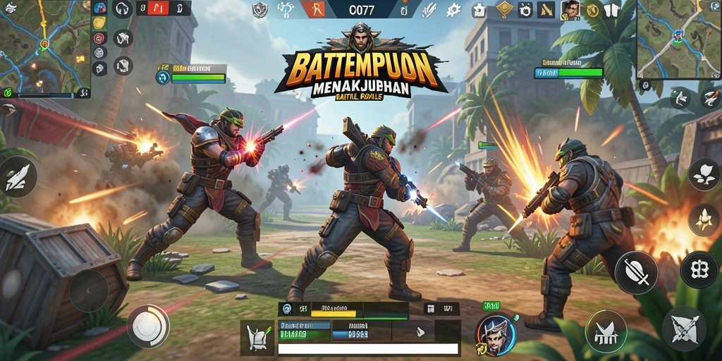 Screenshot C0077 menampilkan aksi pertempuran seru di arena Battle Royale.