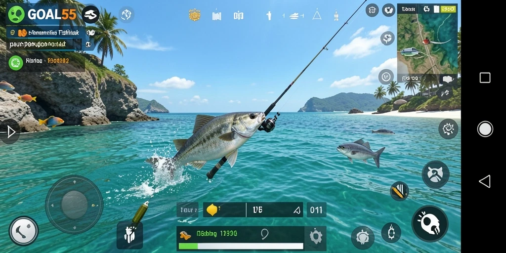Screenshot gameplay GOAL55 yang menunjukkan aksi memancing yang seru.