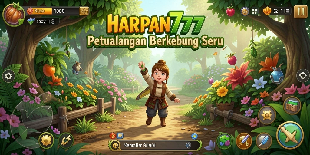 Tampilan gameplay <strong>HARAPAN777</strong> yang menampilkan kebun yang subur dan hewan ternak.