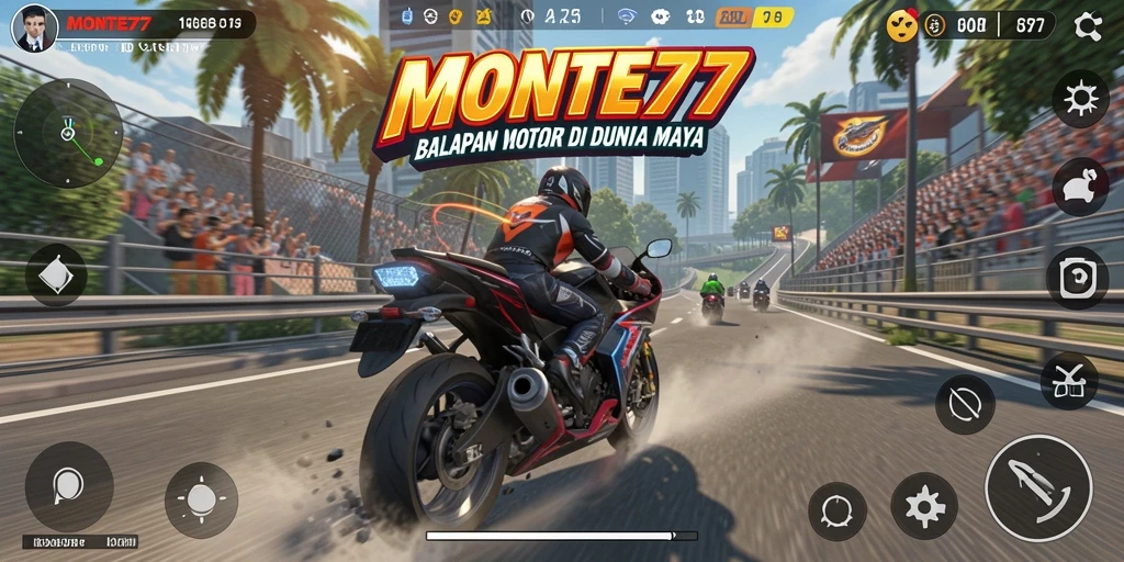 Screenshot gameplay MONTE77 menampilkan aksi balapan motor yang mendebarkan.